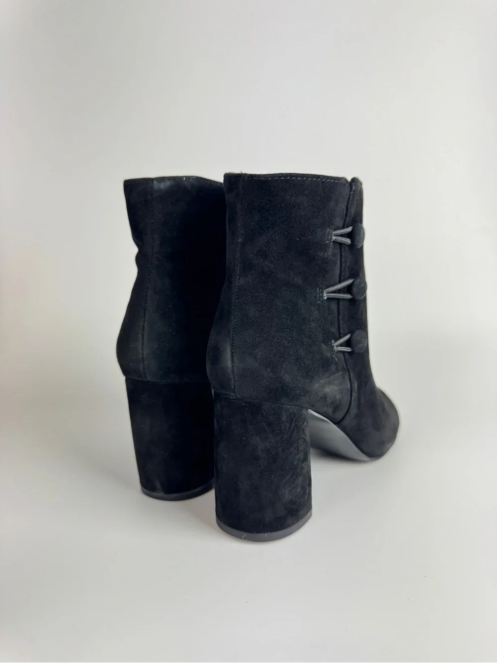 Nine West Black Suede Button Accent Block Heel Ankle Boots